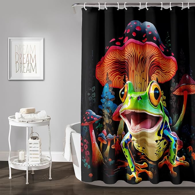 AILONEN Cartoon Tree Frog Shower Curtain,Magic Mushroom Shower Curtain Set for Bathroom for Kids Girls,Boho Style Waterproof Bath Curtain,Tropical Amphibian Bathroom Curtain with Hooks, 72" W*84" H