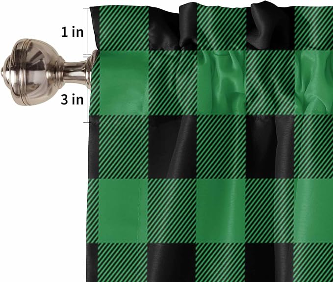 St. Patrick's Day Buffalo Plaid Kitchen Curtains and Valances Set, Lucky Shamrocks Clover Window Tiers Rustic Green Black Half/Short Curtains for Small Windows Cafe /Living Room/ Bedroom 54x24 in