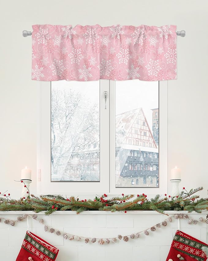 Christmas Valance Curtains for Kitchen Windows Pink White Snowflakes Pattern Rod Pocket Window Treatment Toppers for Kitchen/Living Room/Bedroom/Bathroom, 42" X 18", Winter