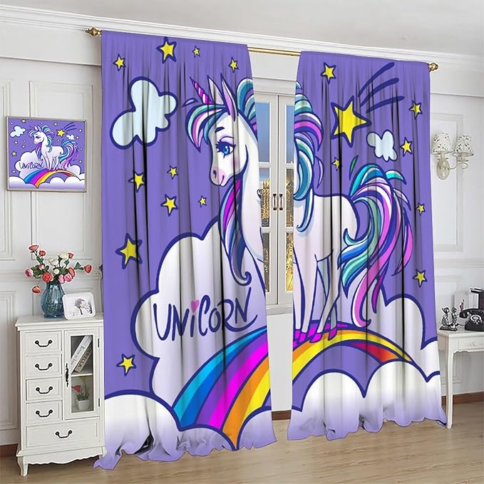 Kids Unicorn Curtains Purple Cartoon Rainbow Cartoon Room Blackout Curtains Boys Girls Baby Room Decor Curtains Living Room Decor 42x54 Inch 2 Panels