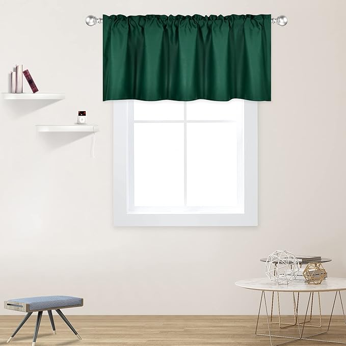 Deep Green Valance for Windows 52x18 Inch Solid Thermal Insulated Blackout Rod Pocket Kitchen Short Curtain Toppers Valance for Bathroom Living Room 1 Panel