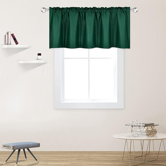 Deep Green Valance for Windows 52x18 Inch Solid Thermal Insulated Blackout Rod Pocket Kitchen Short Curtain Toppers Valance for Bathroom Living Room 1 Panel
