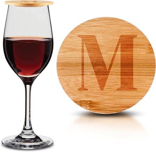 Personalized Wine Glass Charcuterie Topper - Custom Laser Engraved Initial Bamboo Wine Glass Topper Stopper Coasters Plate ID Identification Wine Glass Charcuterie Board Topper (Letter M)