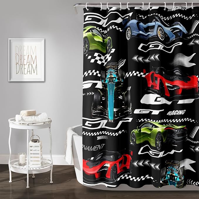 AILONEN Boys Racing Car Shower Curtain,Extreme Sports Car Bath Curtain for Kids Teen,Cool Speed Car Racer Waterproof Black Curtain for Bathroom Decor, 72" W x 72" H