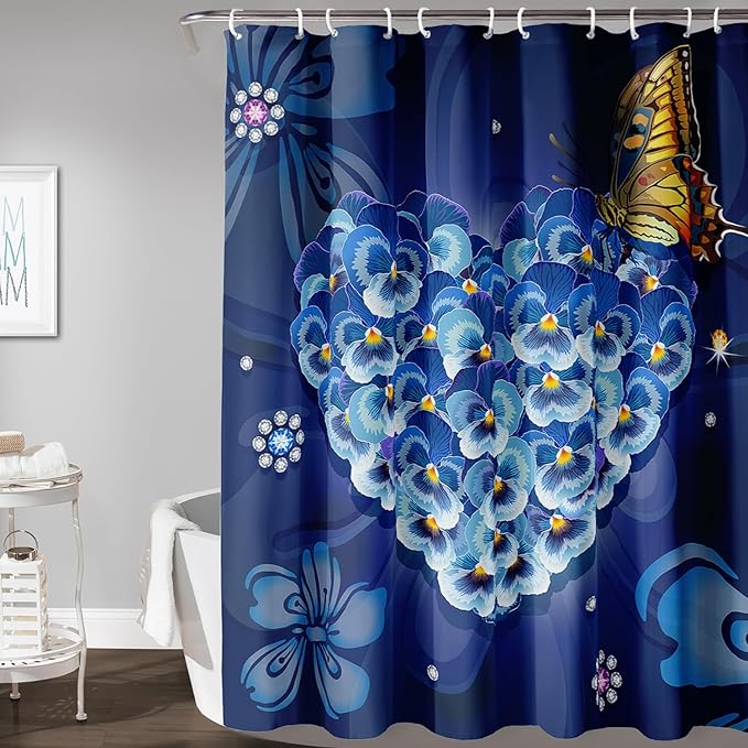 AILONEN Blue Floral Shower Curtain for Girls,Beautiful Butterfly Heart Flower Bath Curtain for Bathroom,Blue Print Polyester Waterproof with 12 Plastic Hooks,48" W*72" H Blue