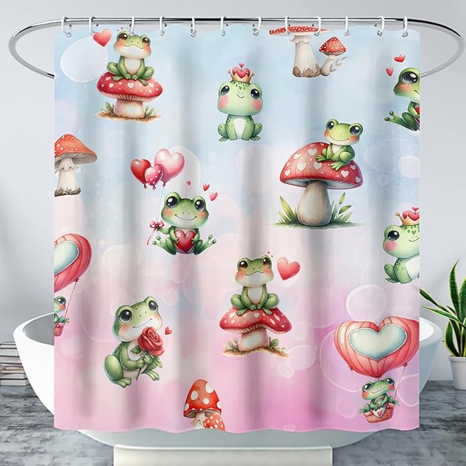 AILONEN Cartoon Frog Shower Curtain,Green Frog with Red Mushroom Roses Bathroom Curtain for Kids Boys Girls,Kawaii Amphibian Animal Waterproof Fabric Shower Curtains for Bathroom,72" W*78" H