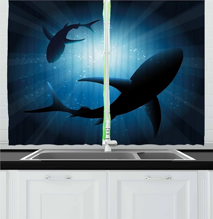 Ambesonne Shark Kitchen Curtains, Silhouette of The Fishes Swimming at Twilight Night Moon Mystic Sea Scenery, Window Drapes 2 Panel Set for Kitchen Cafe Decor, 55" x 36", Aqua Blue