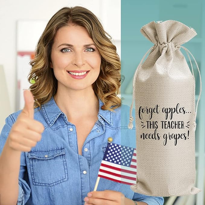 Teachers Teacher's Day Gifts Wine Bags, Teacher Appreciation Gifts for Women, Teacher Gifts from Student, Birthday Gifts for Teachers, Best Teacher Appreciation Day, Burlap Drawstring Wine Bag