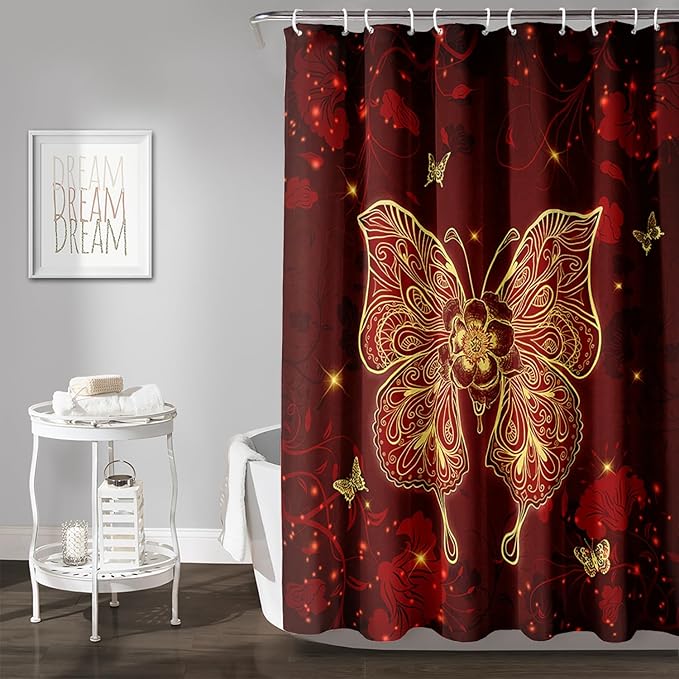 AILONEN Rose Butterfly Waterproof Curtain,Red and Gold Butterfly Floral Bath Curtain,Modern Chic Flower Polyester Fabric Red Curtain with 12 Plastic Hooks, 72" W x 84" H