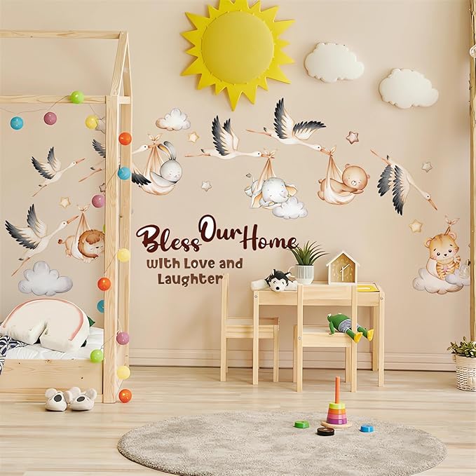 Cozy Sleeping Bag Animals Clouds Stars Wall Stickers, sacinora Cute Wild Goose Baby Elephant Bunny Bear Lion Tiger Cub Wall Decals Removable Vinyl Peel and Stick for Nursery Bedroom Art Home Decor