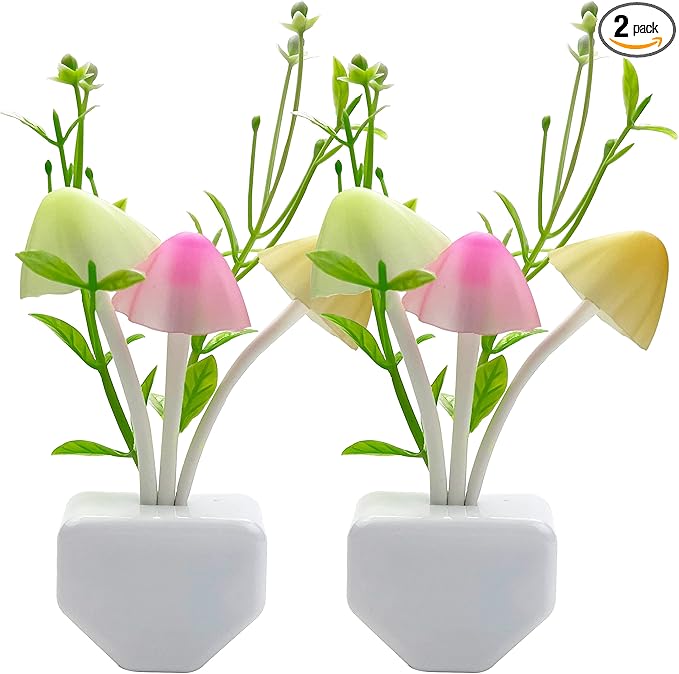 ZEZHOU Smart Sensor Led Night Lights 2 Pack, 7 Color Changing w/Dusk to Dawn Sensor Auto On/Off Mushroom Dream Bed Nightlight, 0.6W Plug-in Wall Lamp, Gift Ideal for Nursery Baby Kids Children Adults