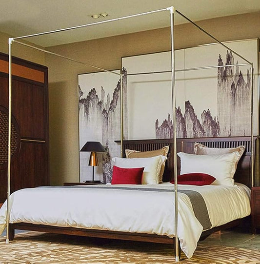 Mengersi Canopy Bed Frame Post Stainless Steel Four Corner Bed Canopy Poles Mosquito Net Frame Bracket Fit for Metal Bed Wood Bed Twin Size (Silver)