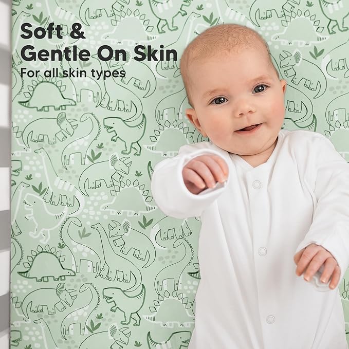 2-Pack Organic Crib Sheets for Boys, Girls - Jersey Fitted Crib Sheet, Baby Crib Sheets Neutral, Crib Mattress Sheet, Cotton Crib Sheets, Breathable Crib Sheet, Baby Mattress Sheets (DinoDood)
