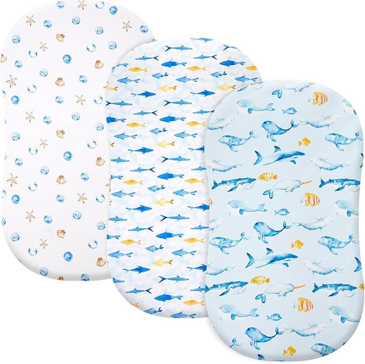 3 Pack Bassinet Sheets, Ultra Soft Breathable Comfortable Baby Sheet Set for Boys Girls Neutral, Univeral Fit for Most Cradle and Bassinet Mattress, Whale