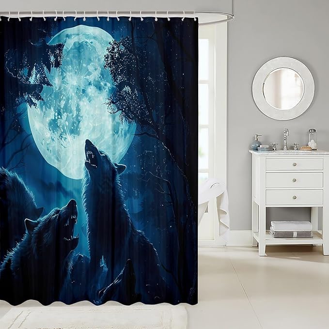 Feelyou Wolf Bath Curtain Wolves Howling Shower Curtain for Kids Freice woles Bathroom Shower Curtain Set Animal Wolves Kids Bathroom Accessories 72"x78"