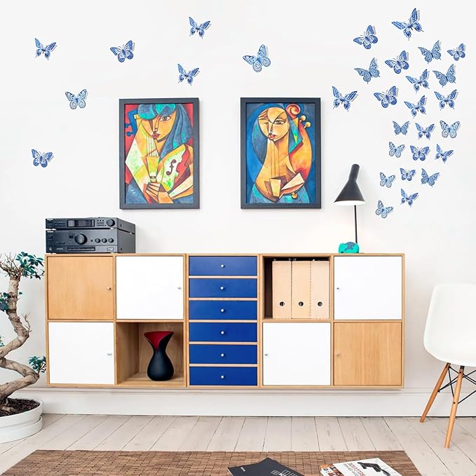 SAOROPEB Butterfly Wall Stickers, 48 Pcs 4 Styles 3 Sizes, Metallic Paper, Removable, Navy Blue, Art Deco Decor for Wall