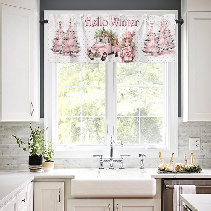 Hello Winter Pink Window Valance for Bedroom Living Room, Pink Christmas Window Curtain for Kitchen Bathroom, Pink Window Valance Rod Pocket Window Treatment, Xmas Home Decors, 54" W x 18" L