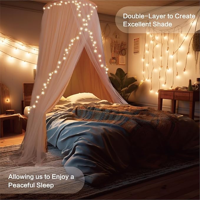 40"x 106" Bed Canopy for Girls & Adults, Double Layer Princess Round Dome Bed Curtain Canopy Drapes, Dreamy Mosquito Net Reading Nook, Bedroom Decoration (Pink)