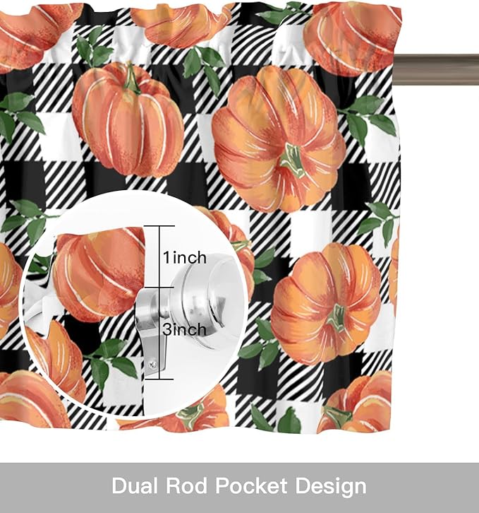 Fall Kitchen Curtains Valances for Windows Thanksgiving Halloween Pumpkins Rod Pocket Window Treatment for Kitchen /Living Room/Bedroom/ Bathroom,42" X 18"-1 Panel, Farmhouse Black White Buffalo Plaid