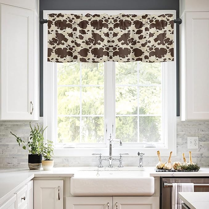 Cow Print Farmhouse Valances Kitchen Curtains for Window, Brown Graffie Print Rod Pocket Valances Beige Short Country Curtains for Bedroom Decor,54" X 18" -1 Panel