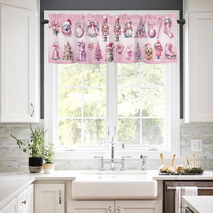Pink Christmas Window Valance for Kitchen Living Room, Nutcracker Themed Window Curtain for Bedroom Bathroom, Winter Windows Valance Rod Pocket Window Treatment, Christmas Decors, 54" W x 18" L
