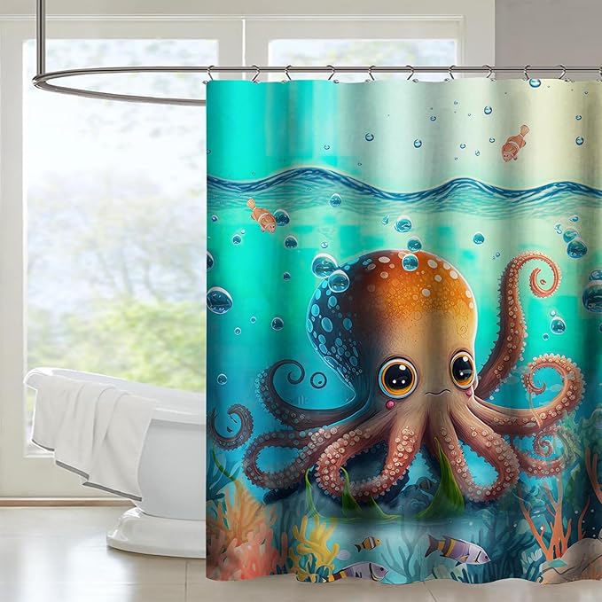 AILONEN Cute Cartoon Octopus Shower Curtain,Beautiful Sea World Theme theme Bath Curtain Cloth Fabric Bathroom 48" W*72" H Inch,12 Pack Hooks for Kids Child Sea Animal Bathroom Curtain