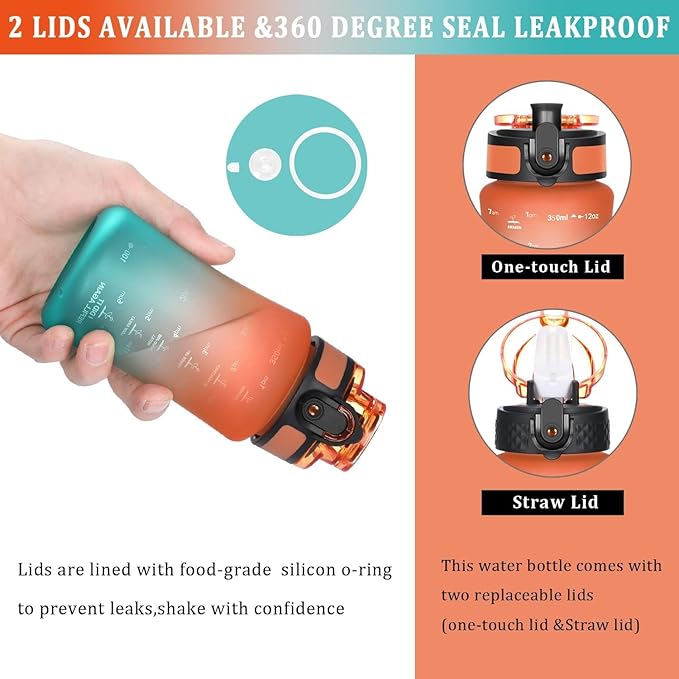 GOPPUS Kids Water Bottle with Straw Spout Lid 10pcs Stickers 12 oz Leak-proof BPA Free Motivational Time Marker Tritan Plastic Water Bottles for Girls Boys School Sports