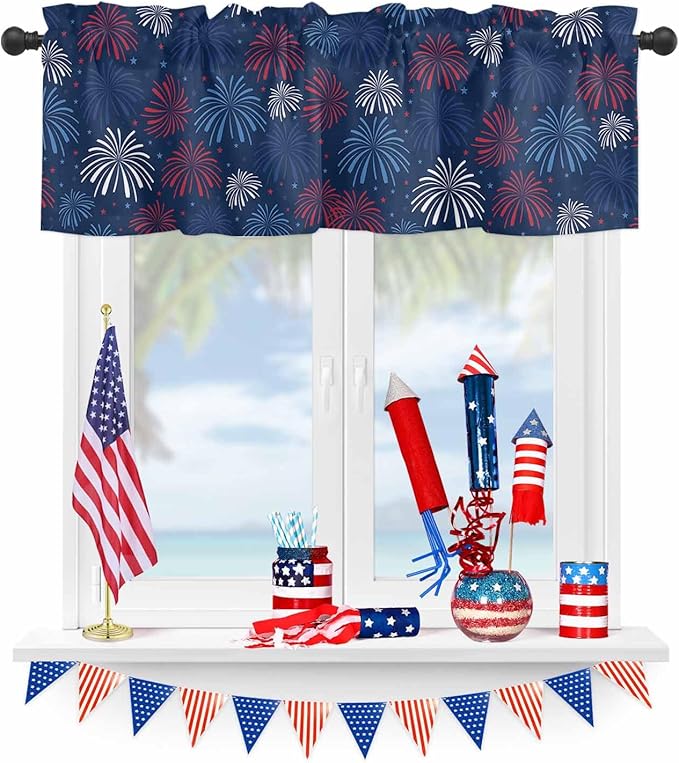 July 4th Kitchen Curtains Valances for Windows Fireworks Celebrate Patriotic Americana Stars Rod Pocket Window Treatment for Kitchen/Living Room/Bedroom/Bathroom, 54" X 18", Red, White and Blue