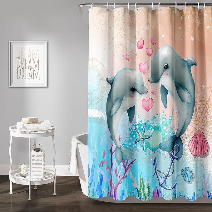 AILONEN Catrtoon Dolphin Shower Curtain Bathroom 72" W*78" H Kawaii Jumping Dolphin Curtain Cloth Fabric Bathroom for Kids Girls,Ocean Theme Shower Curtain Set