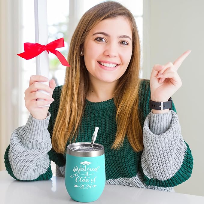 Lifecapido Graduation Gifts, Mastered it Class of 2024 12oz Wine Tumbler with Keychain, 2024 High School College Masters Degree PHD Graduation Gifts for Her Graduates Friends Classmates, Aqua Blue