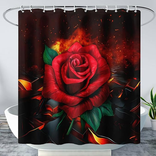 AILONEN Red Rose Shower Curtain for Bathroom, 3D Print Romantic Flower Bath Curtain,Modern Botanical Flame Fire Rose Flower Waterproof Shower Curtain Decoration with 12 Plastic Hooks, 36" W*72" H