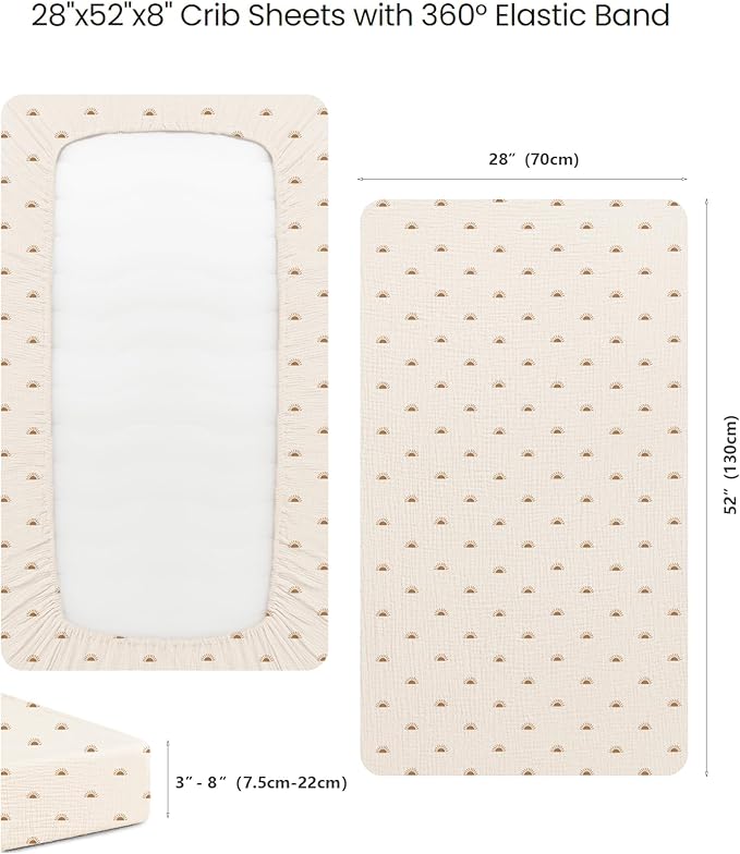 Konssy Muslin Fitted Crib Sheets 100% Cotton Baby Crib Sheets for Standard Crib Mattress (28 X 52 Inches), Soft and Breathable for Boys, Girl (Sun)