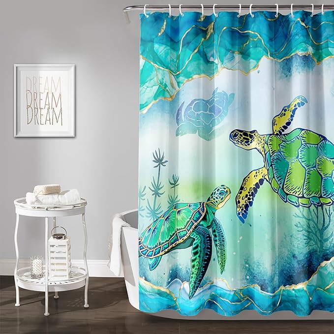AILONEN Green Sea Turtle Shower Curtain,Cartoon Turtle and Water Plant Shower Curtain Set for Bathroom,Marble Theme Waterproof Fabric Shower Curtain with Hooks,60" W*72" H