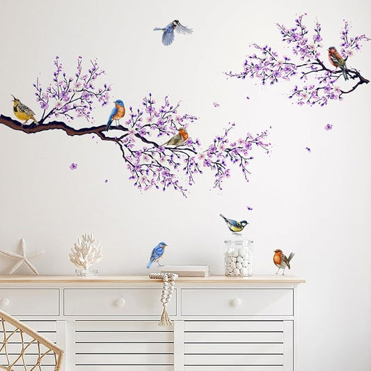 Birds On Tree Wall Decals Purple Flower Wall Stickers Colorful Birds Decals DIY Removable Colorful Flying Bird Tree Wall Art Decor for Kids Baby Bedroom Living Room Nursery Office
