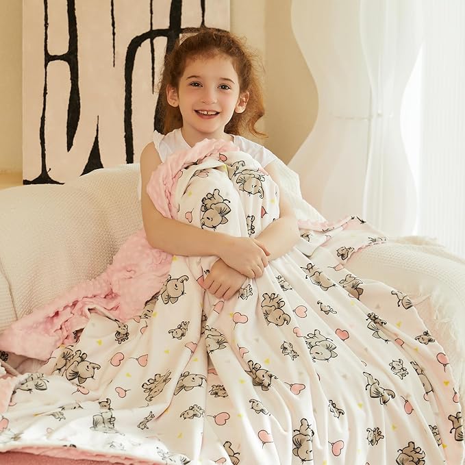 DaysU Silky Micro Soft Plush Baby Blankets for Girls with Print Animal Pattern and Soothing Raised Dots, Double Layer Bed Throws for Toddler Cot, Elephant, Pink, 50x60 Inches