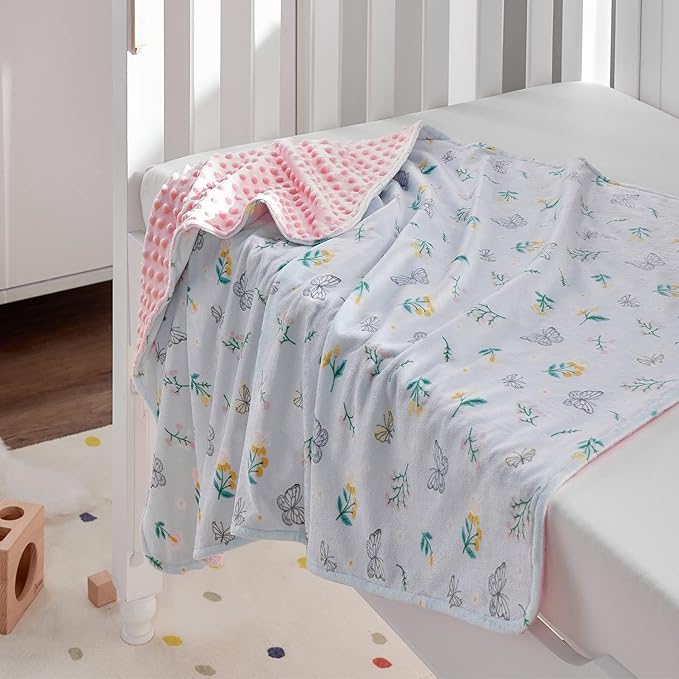 DaysU Silky Micro Soft Plush Baby Blankets for Girls with Print Floral Pattern and Soothing Raised Dots, Double Layer Bed Throws for Toddler Cot, Butterfly Floral, Mint Green, 50x60 Inches