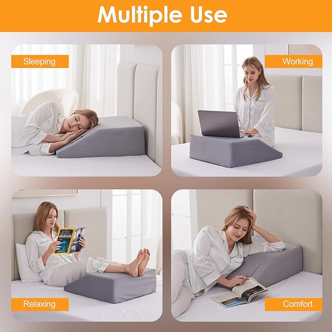 Leg Elevation Pillows for Sleeping, Memory Foam Wedge Pillow for Legs, Knee Wedge Pillow for After Surgery, Swelling, Back Pain and Circulation, Non-Slip Bottom, Removable Cover (8 Inch)