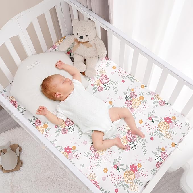 PHF Soft Mini Crib Sheet Set, 2 Pack Silky Comfy Pack N Play Sheets for Boys Girls, Universal Fit for Pack N Play, Playard and Mini Crib Mattresses, Rose Floral