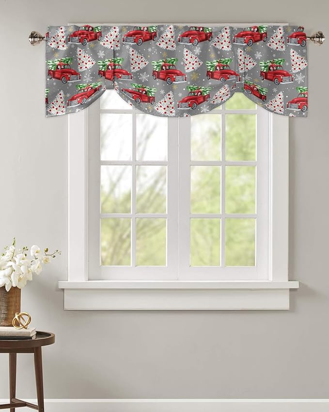 Red Truck Christmas Blackout Tie Up Valance Curtains for Kitchen Windows Merry Christmas Tree Window Toppers Balloon Shades for Living Room/Bathroom/Bedroom,1 Panel, 42" X 18", Winter Snowflake Grey