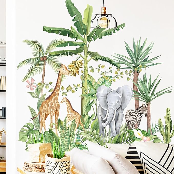 Large Jungle Animals Wall Decals Nordic Plant Wall Sticker Elephant Giraffe Zebra Wall Stickers for Baby Nursery Kids Room Playroom Wall Decor