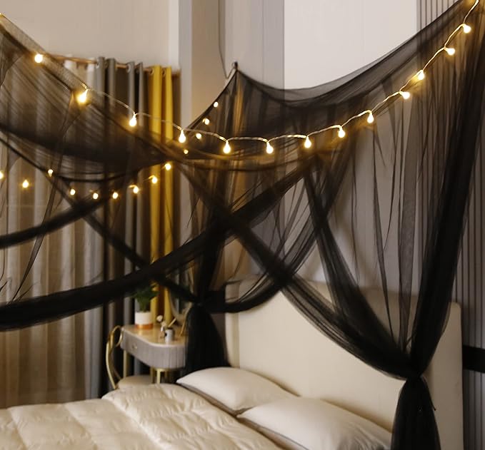 Mengersi Canopy Bed Curtains with Lights,Elegant Bed Canopy Curtains Bed Netting for Full Queen King Size Bed,Halloween Decoration,Gothic Black Room Decor Aesthetic