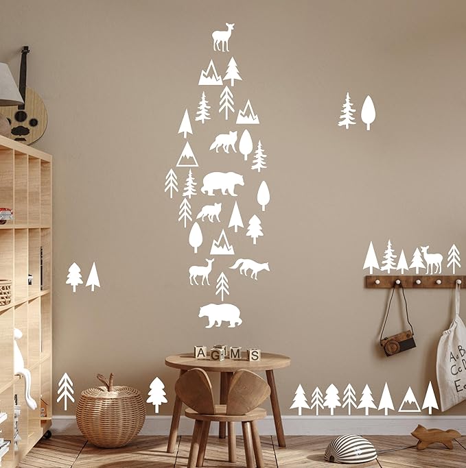 Woodland Animal Wall Decals Vinyl Pine Tree Wall Stickers Forest Animal Wall Stickers Mountain Small Tree Animals Deer Bear Wolf Woodland Wall Decals for Nursery Bedroom Kids Room Decor
