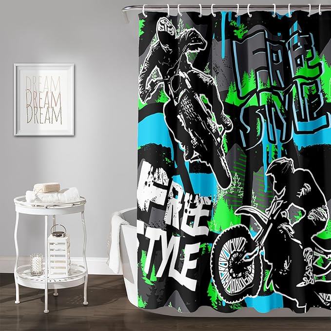 AILONEN Boys Motocross Hip Hop Shower Curtain,Dirt Bike Racer Waterproof Bath Curtain,Motorcycle Sport Curtain for Kids Men,Colorful Cartoon Shower Curtain 72" W x 84" H