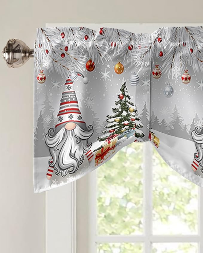 Christmas Gnome Blackout Tie Up Valance Curtains for Kitchen Windows Winter Merry Christmas Tree Balls Window Toppers Balloon Shades for Living Room/Bathroom/Bedroom,1 Panel, 42" X 18", Grey