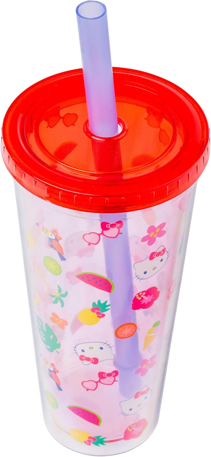 Silver Buffalo Sanrio Hello Kitty Tropical Summer Plastic Boba Tumbler with Lid and Wide Straw, 24 Ounces