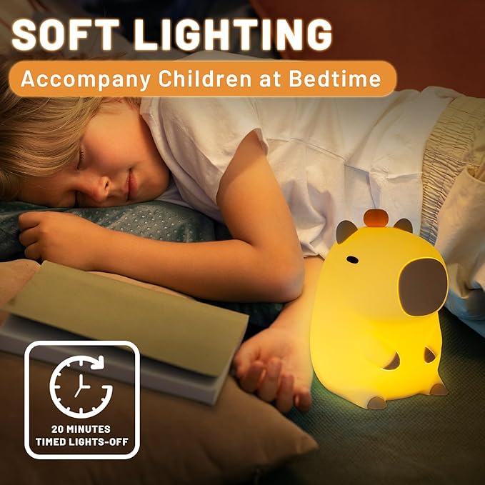 Night Light for Kids, Cute Capybara Silicone Night Lamp with 20min Timing Device, Rechargeable Lamps Touch Control Lamp, Tap Control, for Girls and Boys