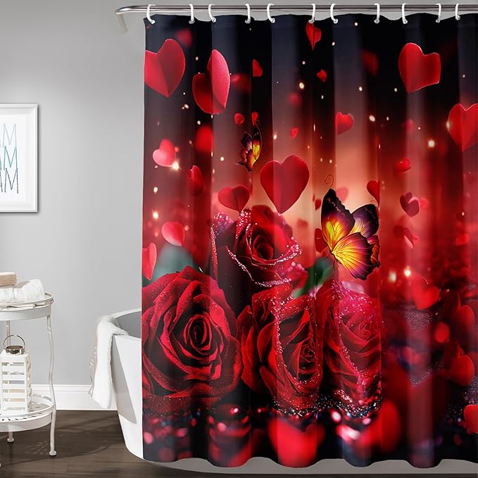 AILONEN 3D Rose Shower Curtain for Bathroom, Red Rose Hearts Print Bath Curtain,Romantic Rose Flower Shower Curtain Decoration Waterproof with 12 Plastic Hooks, 72" W*84" H