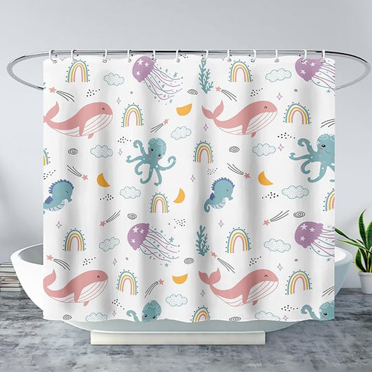 AILONEN Cartoon Dolphin Shower Curtain for Kids 60" W*72" H Inch,Cute Seahorse Rainbow Octopuses Shower Curtain,Ocean Life Theme 12 Pack Hooks Polyester Waterproof Fabric Decor for Bathroom