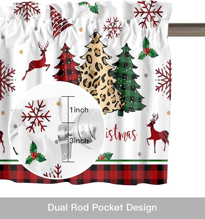 Merry Christmas Kitchen Curtains Valances for Windows Farm Christmas Tree Buffalo Plaid Leopard Rod Pocket Window Treatment for Kitchen/Living Room/Bedroom/Bathroom,60" X 18" -1 Panel, Holiday Decor