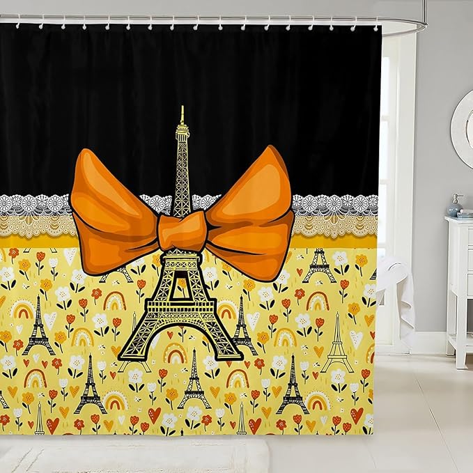 Feelyou Eiffel Tower Shower Curtain 72"x72" Kids Romantic Paris Bowknot Bathroom Shower Curtain Set for Boys Girls Teens Black Yellow Bath Curtain Modern French Bathroom Accessories